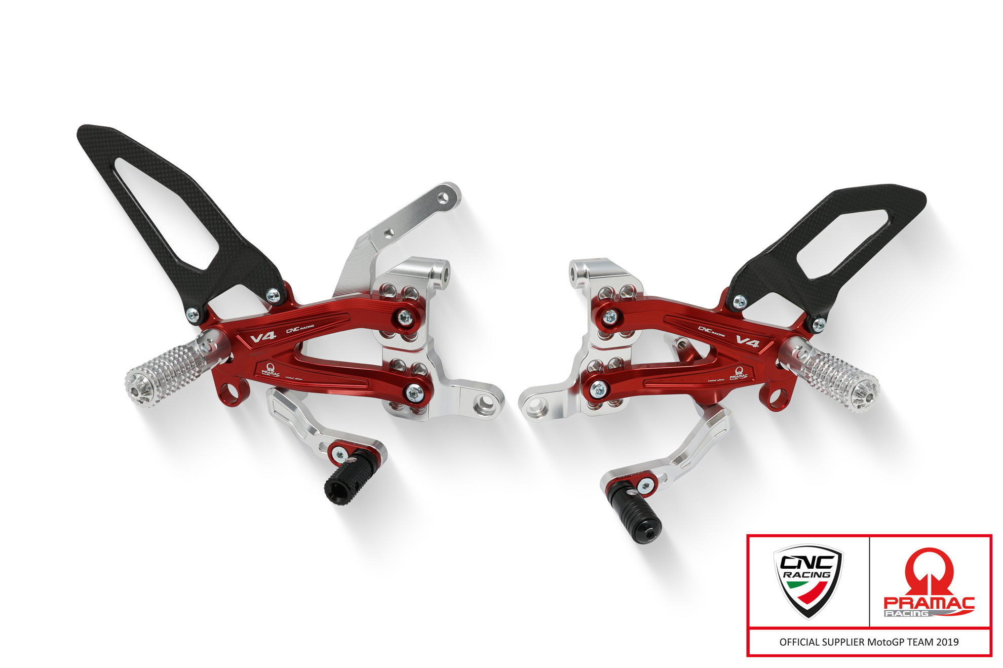 CNC Racing PRAMAC RACING LIMITED EDITION RPS Adjustable Rearset for the Ducati Panigale V4 / S / R - with Carbon Heel guard CNC Racing PRAMAC RACING LIMITED EDITION RPS Adjustable Rearset for the Ducati Panigale V4 / S / R - with Carbon Heel guard